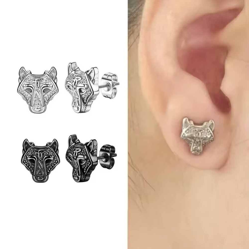 18K White Gold Fenrir Viking Celtic Runes Wolf Head Unisex Stud Earrings No Fade - Picture 2 of 5